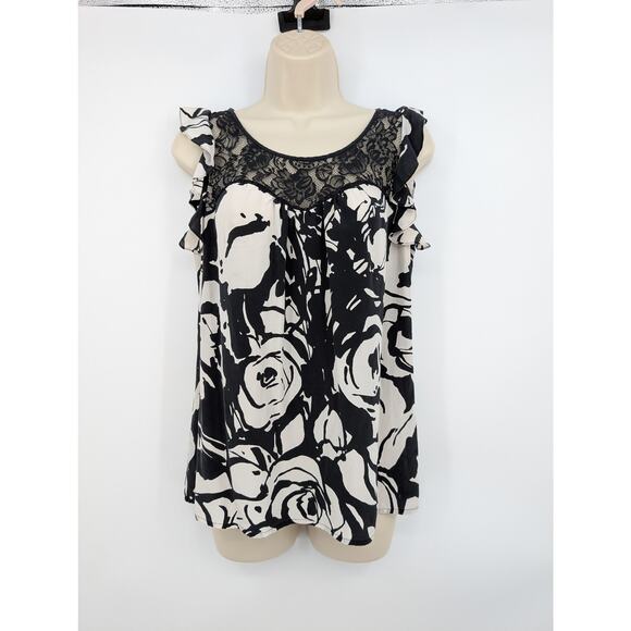 Express 100% Silk Babydoll Flutter Sleeves Lacey Women's Sm Black/White Floral - Picture 1 of 8